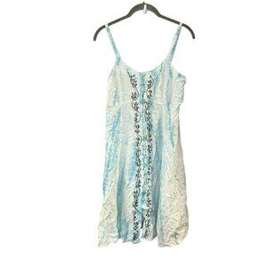 Henna Tie Dye Blue White Boho Button‎ Front Rayon Tie Back Fairy Y2K Dress OS